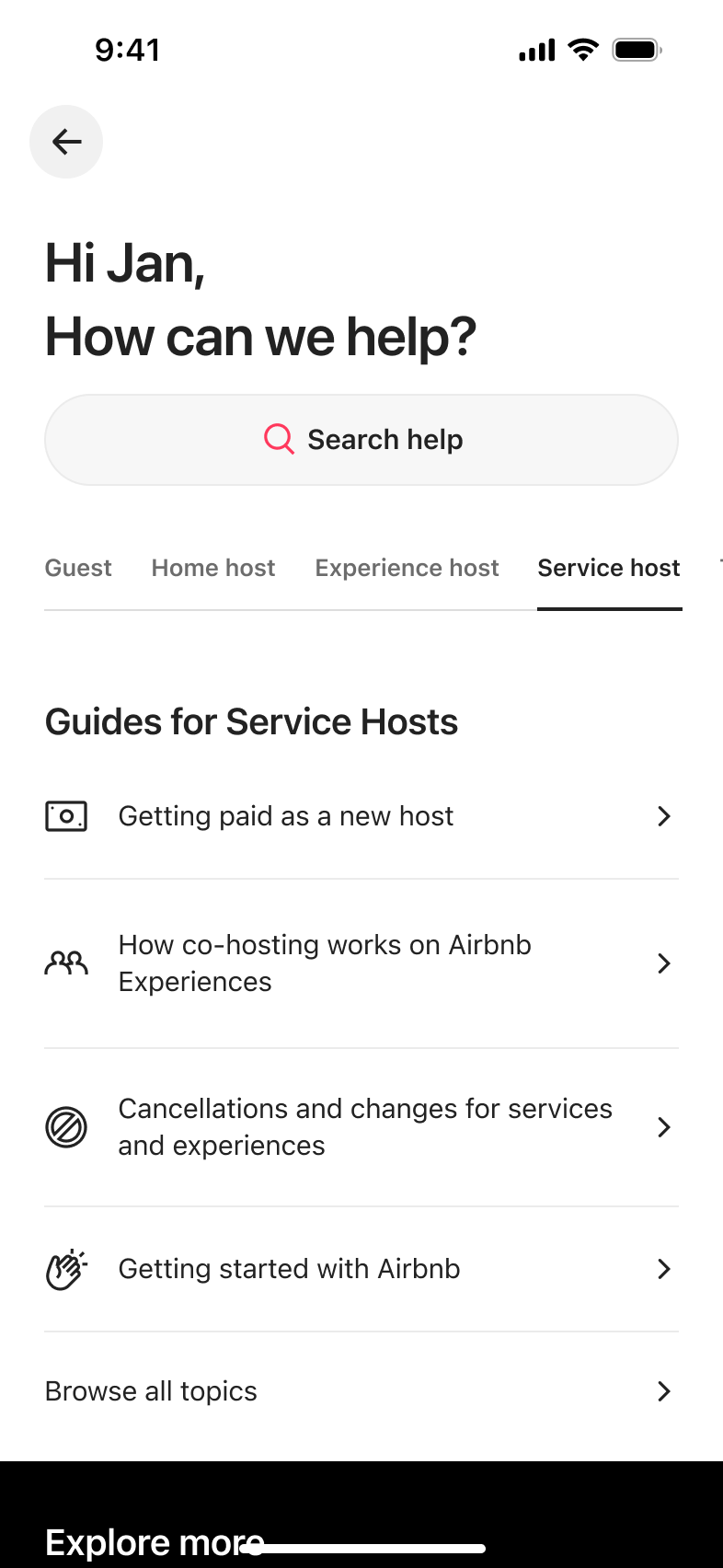 Help centre service host tab with guides.