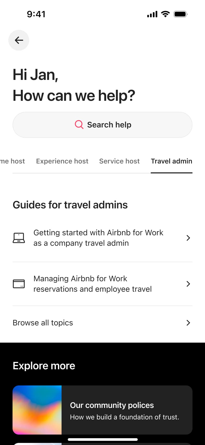 Help centre travel admin tab with guides and explore more card.