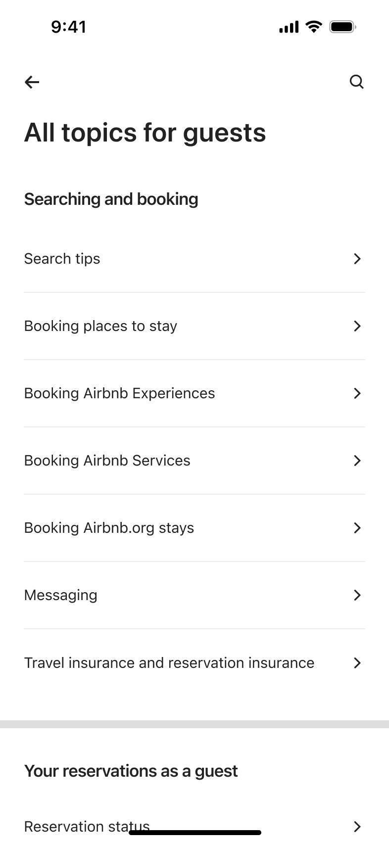 All topics for guests grouped by searching and booking and reservations.