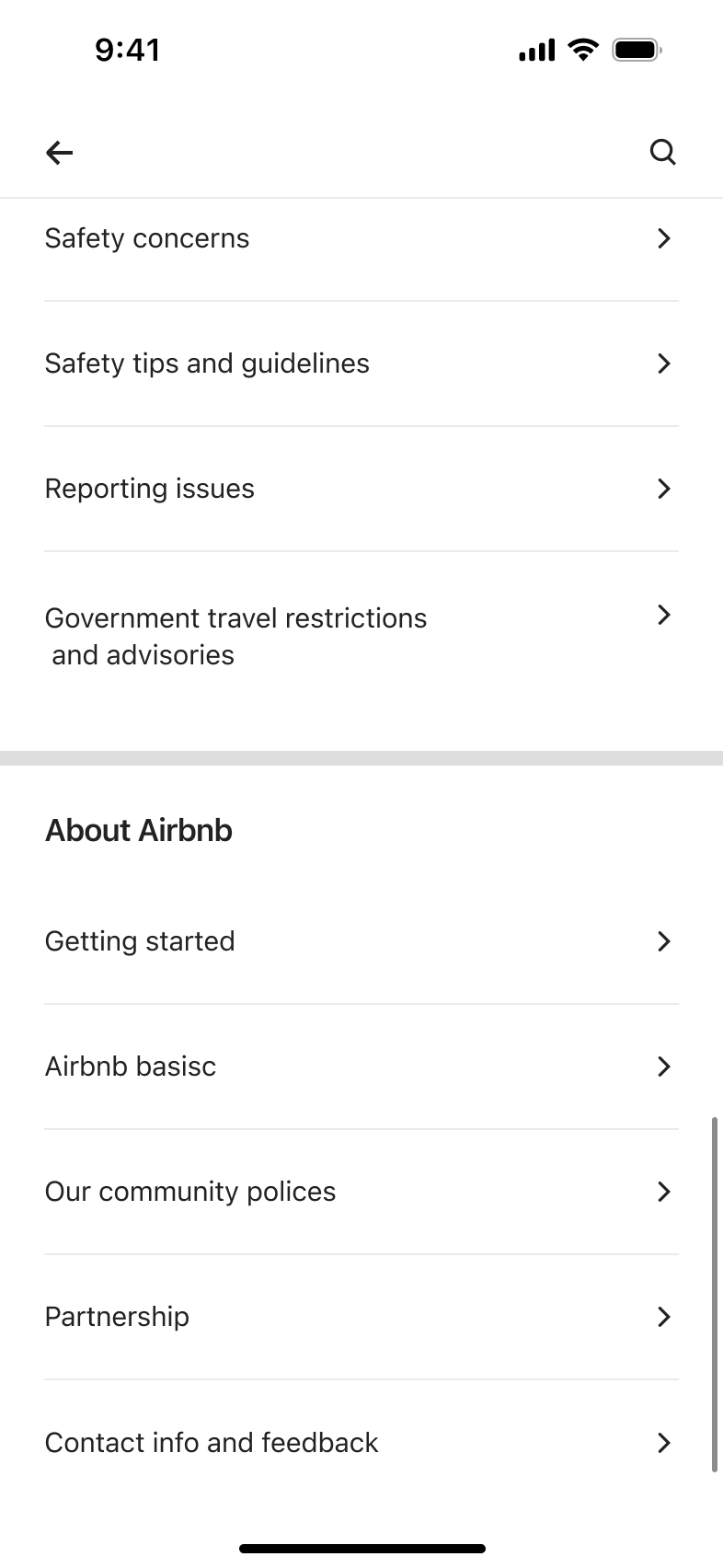All help topics scrolled to safety and about sections.