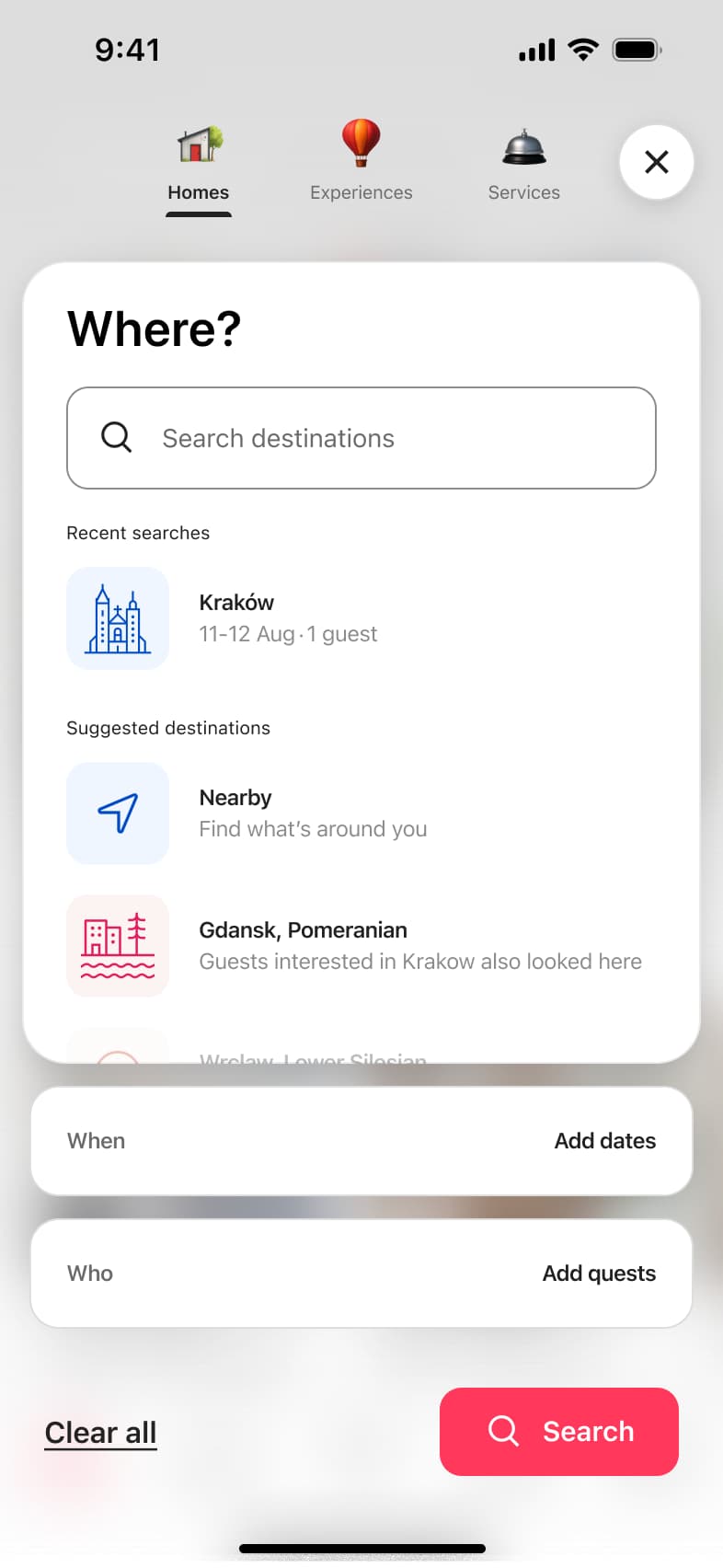 Airbnb flow, step 1: Home search 1