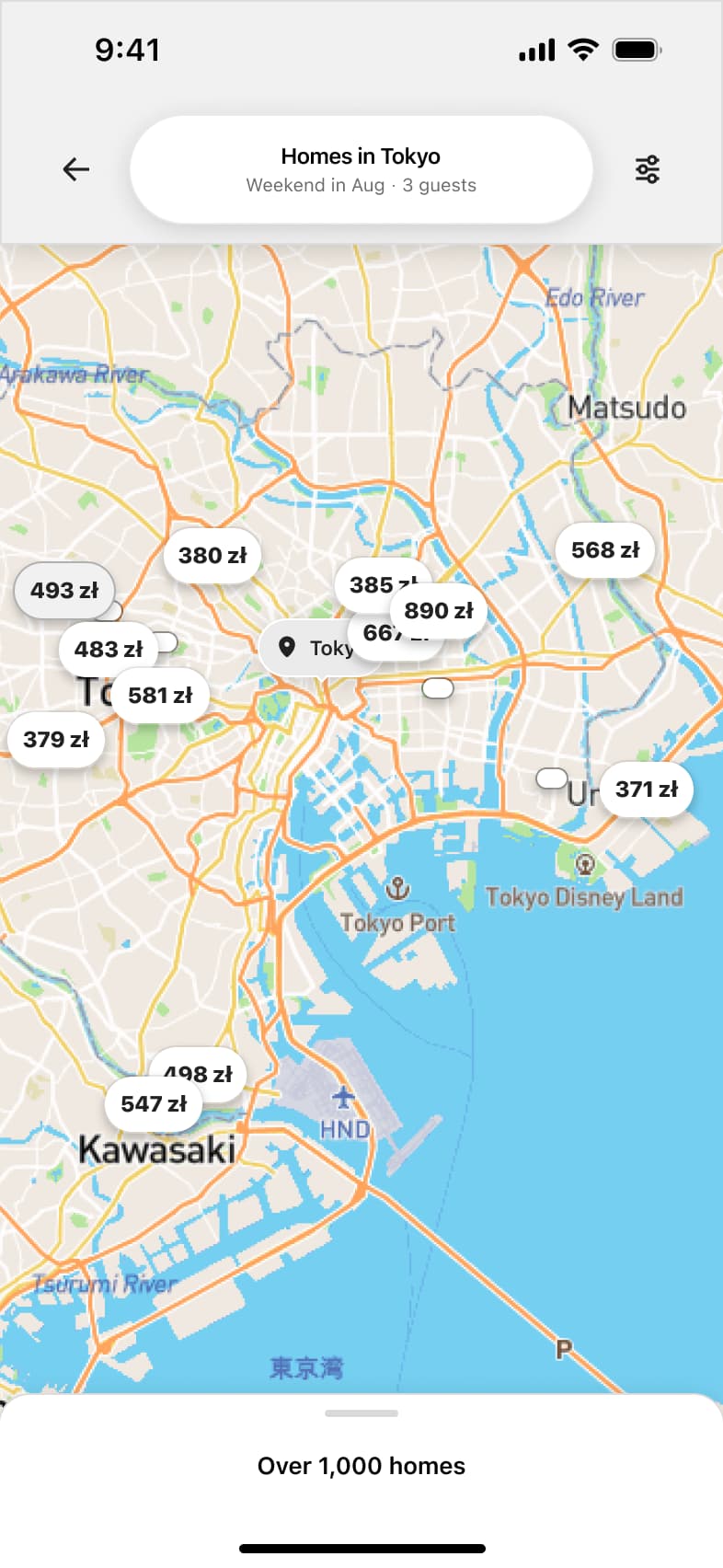 Full map of results with price pins and collapsed results sheet.