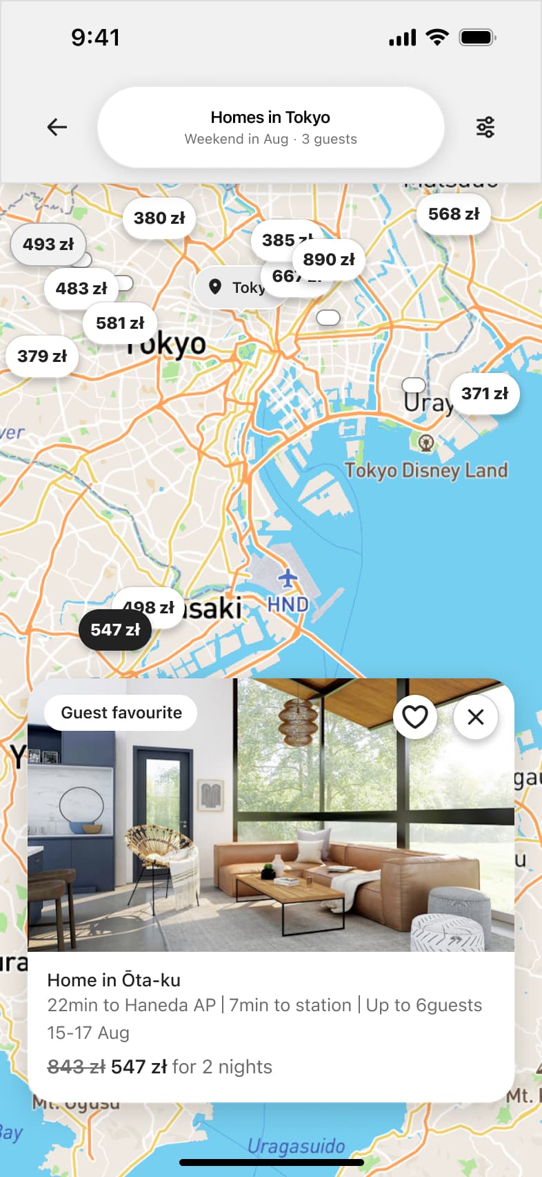 Map with a selected price pin showing a floating listing preview card.