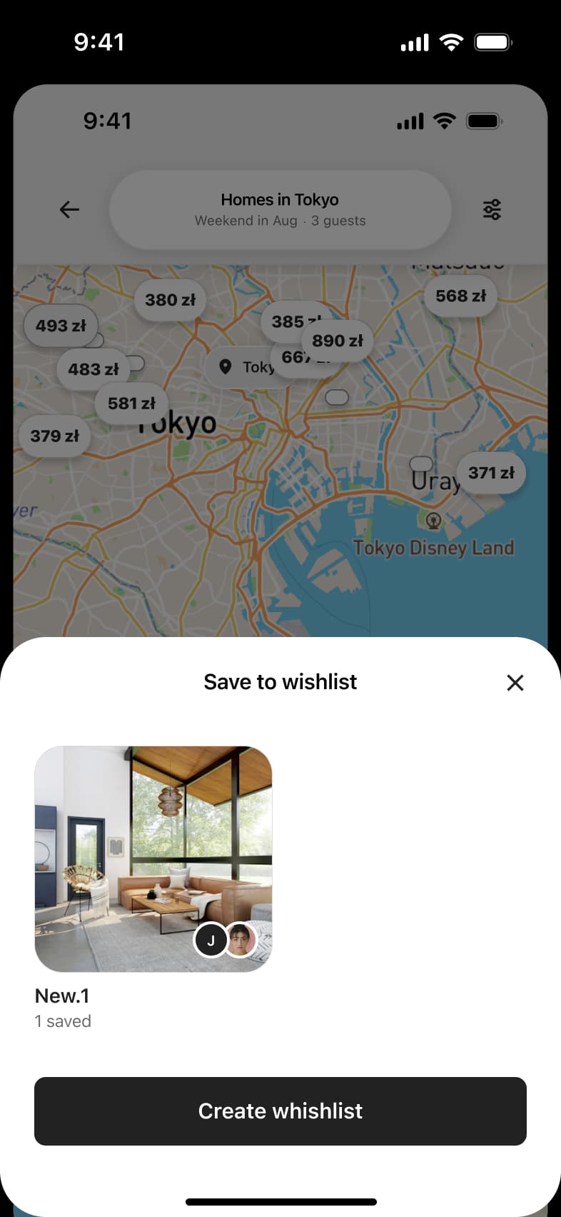 Save to wishlist sheet over the map, showing an existing wishlist and create wishlist button.