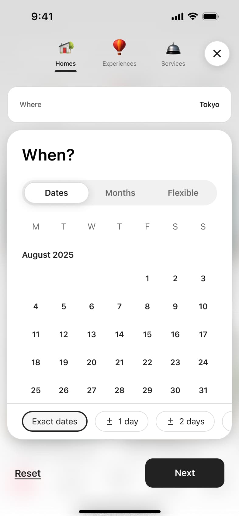 When step: calendar of dates with dates, months and flexible options and flexibility chips.