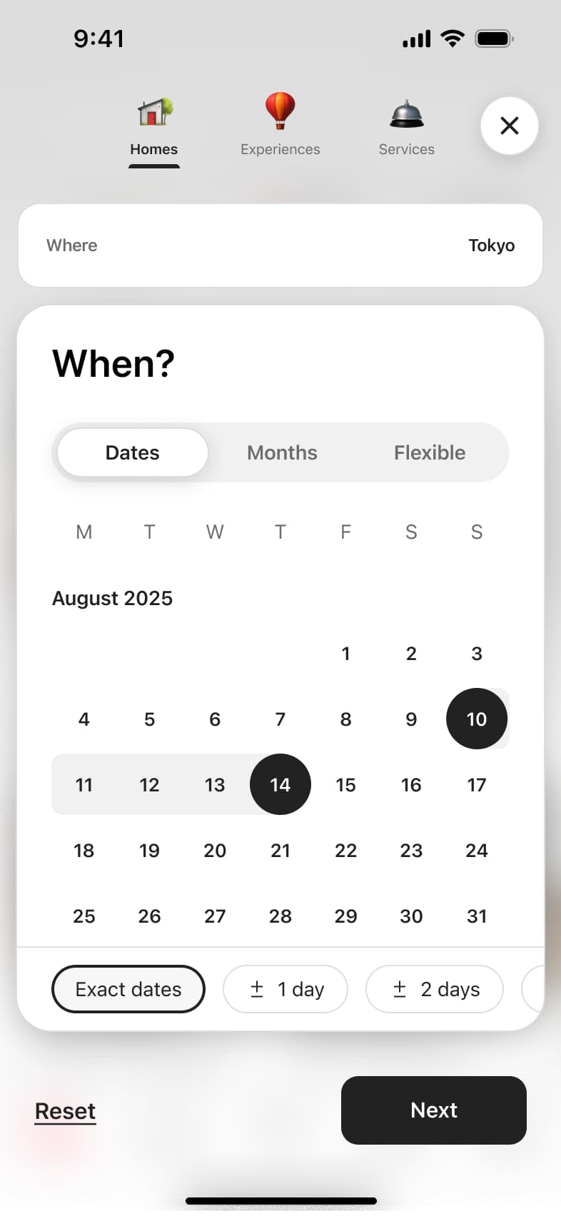 Calendar with check-in and check-out date range selected.