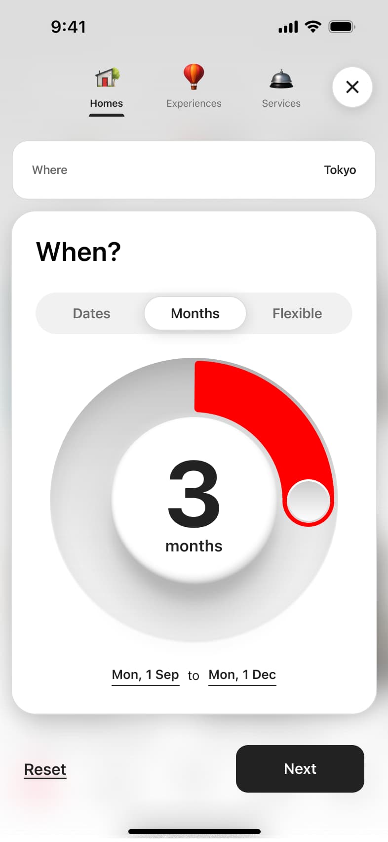 Months option with circular dial selecting a three-month stay and resulting date range.
