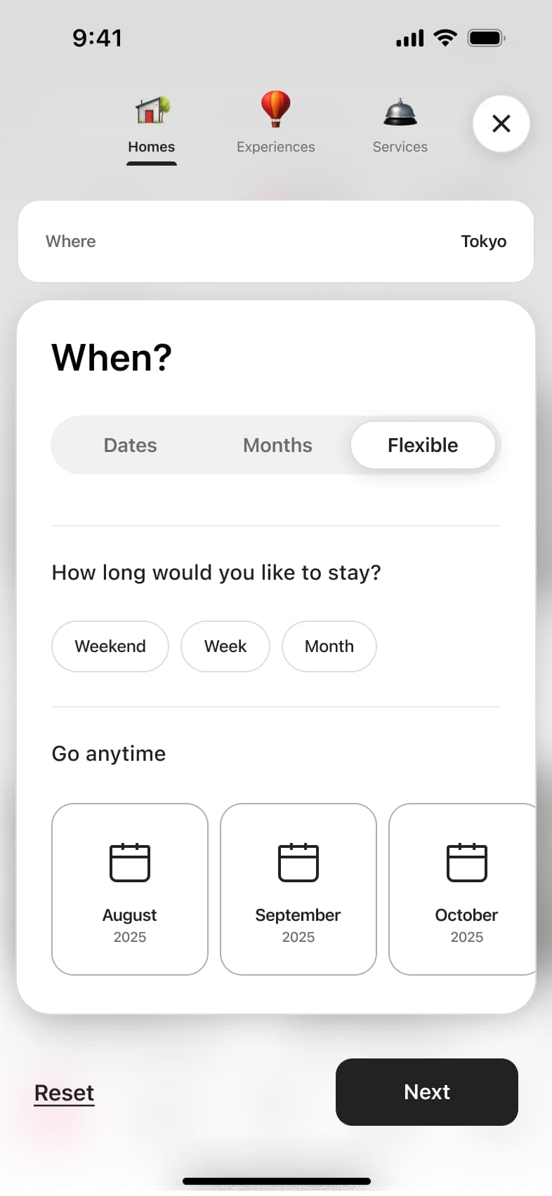 Flexible dates: choose stay length chips and months to travel.
