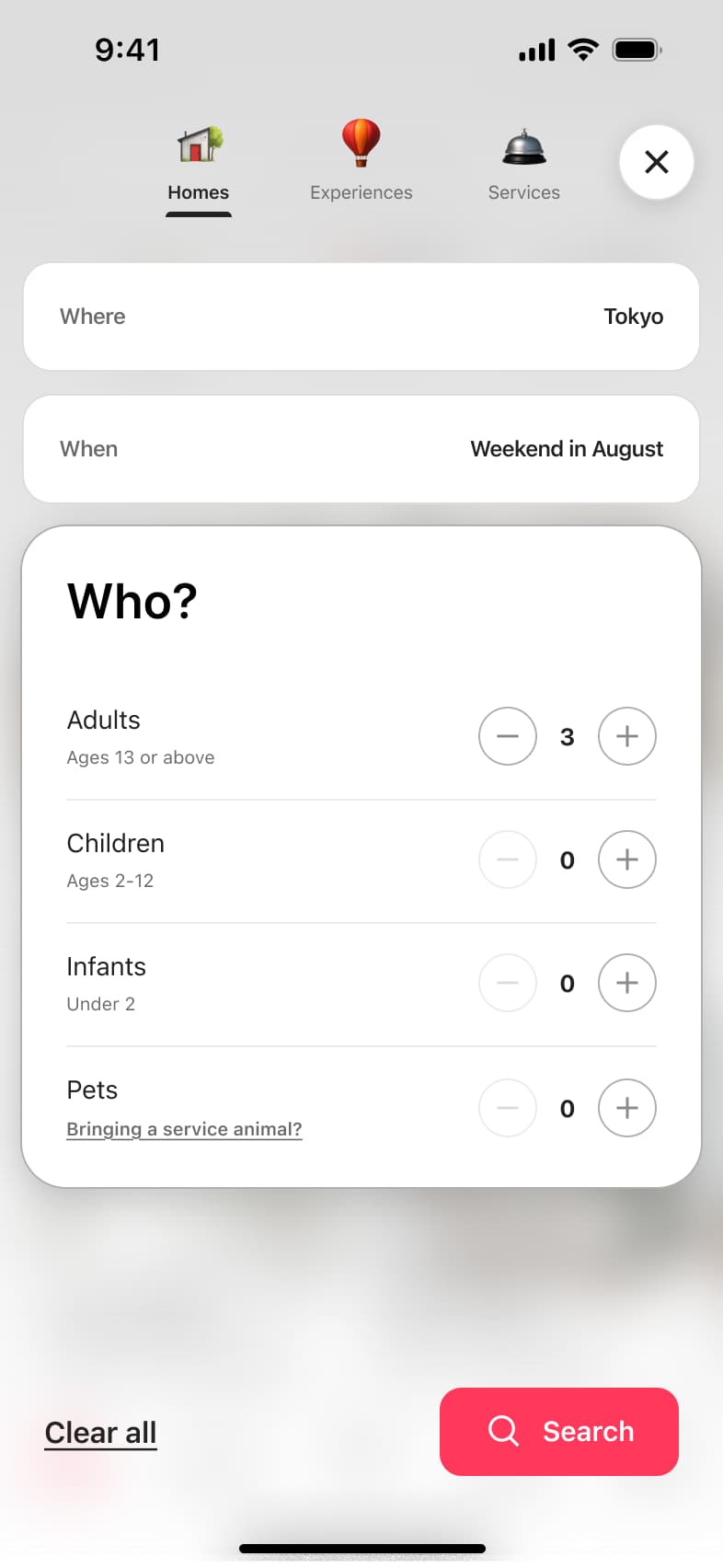 Who step: guest counters for adults, children, infants and pets, with search button.