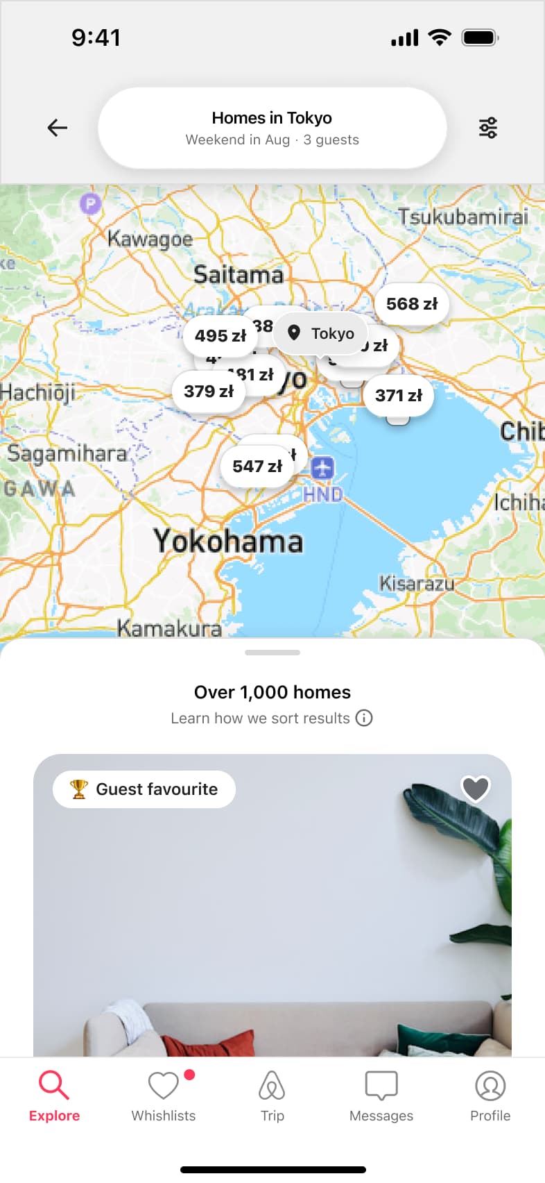 Search results map with price pins and a draggable sheet of over 1,000 listing cards.
