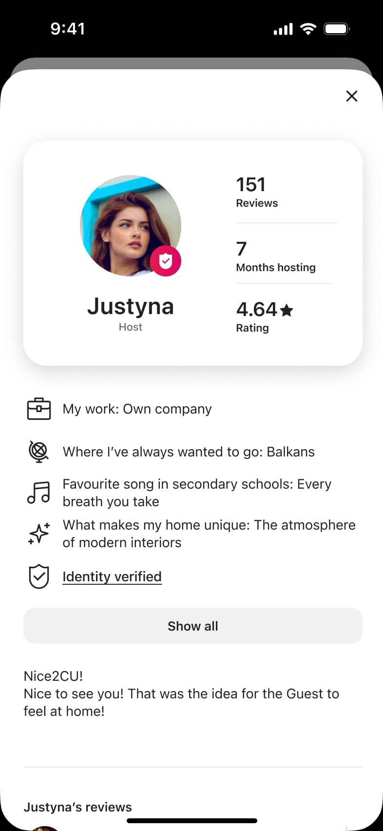Host profile with reviews, months hosting and rating card, personal facts and verified identity.