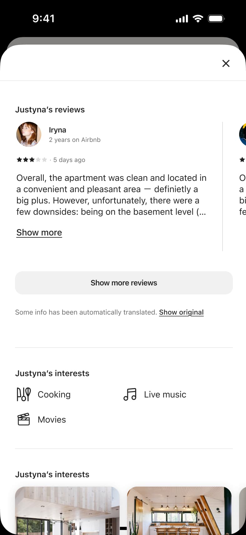 Host profile scrolled to reviews, interests and listings.