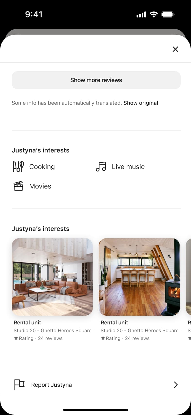 Host profile end: interests, host listings carousel and report link.