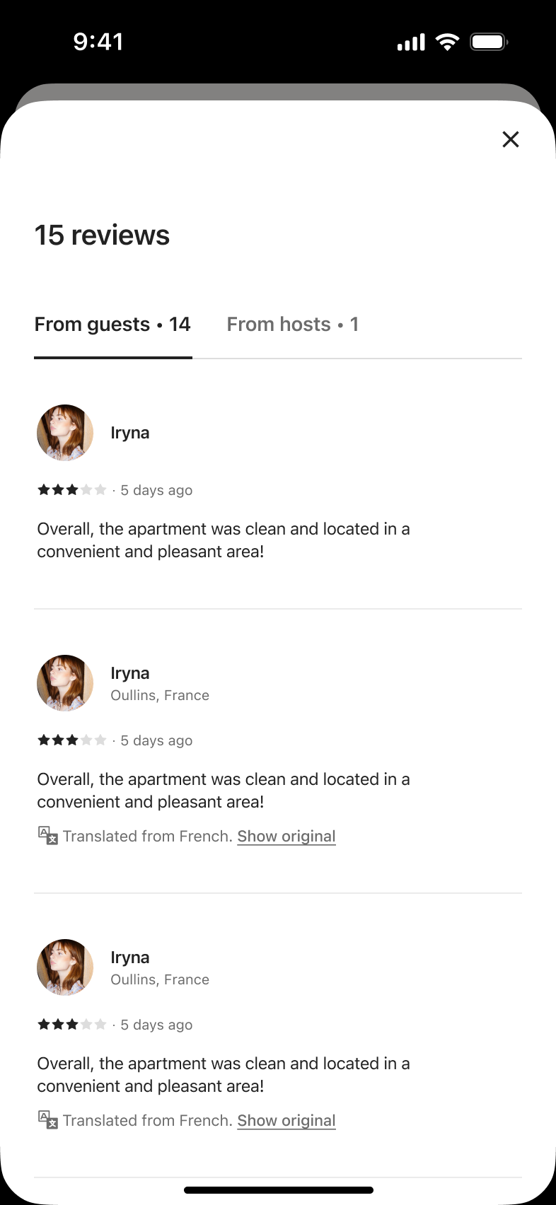 Host reviews with tabs for reviews from guests and from hosts.
