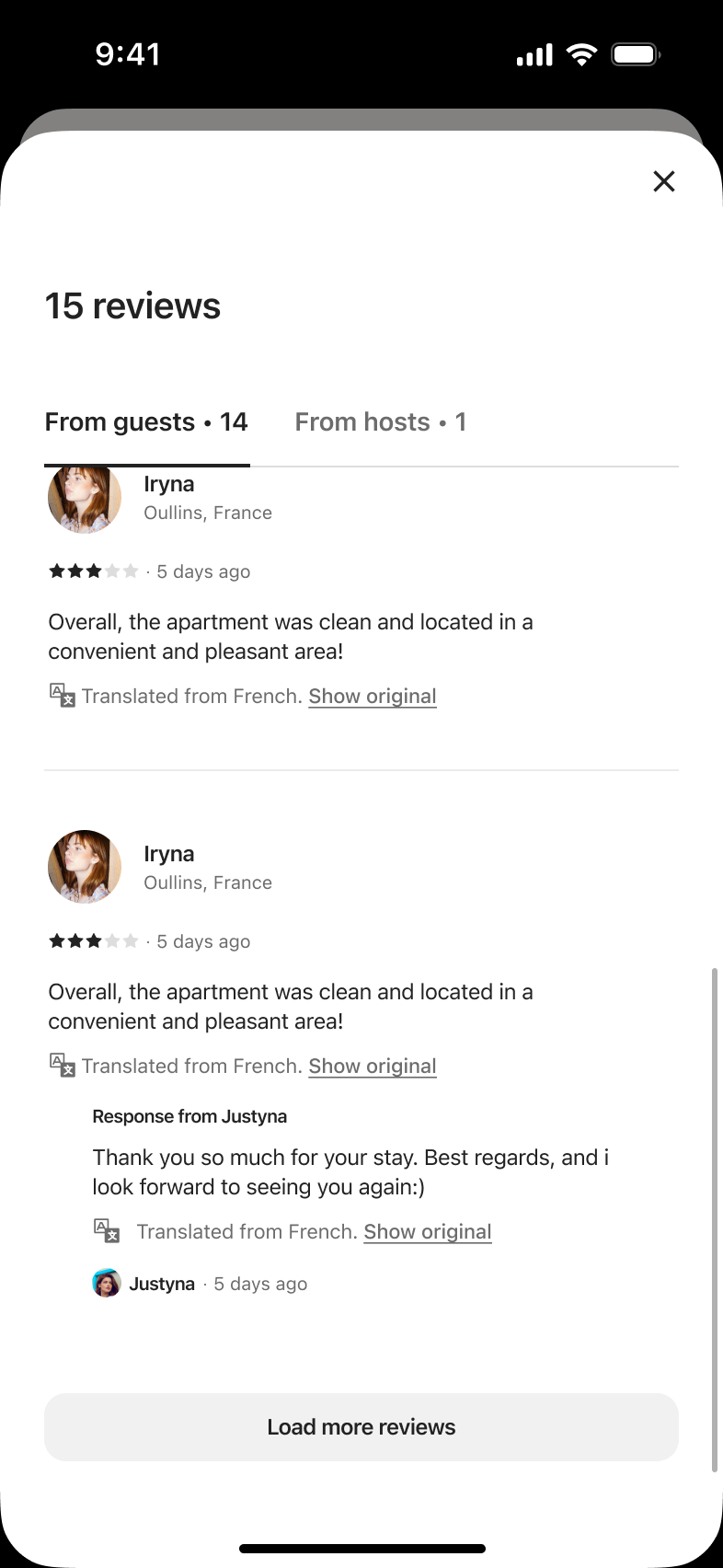 Host reviews scrolled showing host response and load more reviews button.