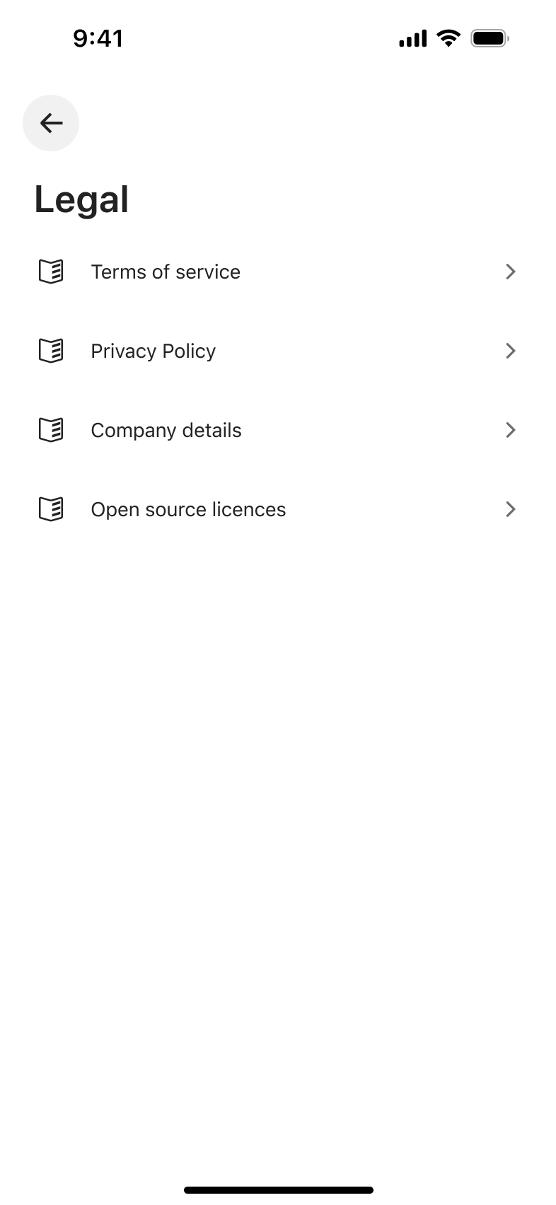Legal menu: terms of service, privacy policy, company details and open source licences.