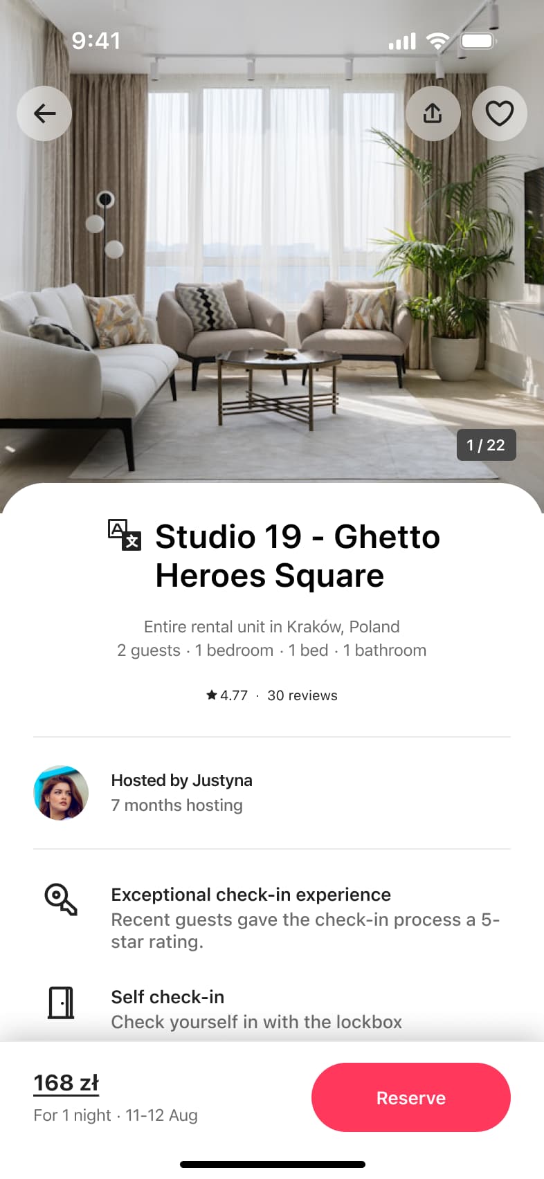 Listing detail with photo gallery header, title, rating, host row, highlights and sticky price bar with reserve button.
