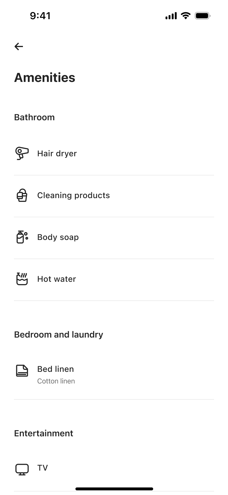 Full amenities list grouped by bathroom, bedroom and entertainment.