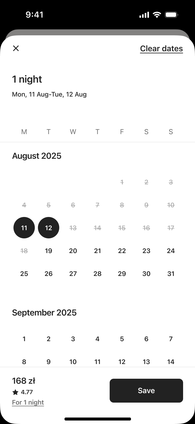 Check-in date calendar with one-night range selected and save button.