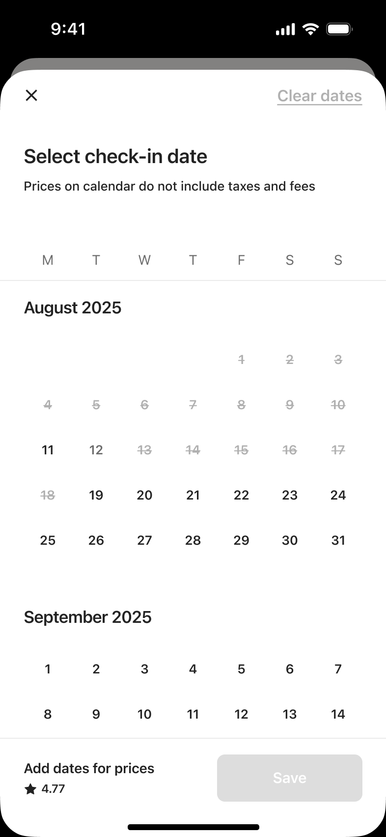 Select check-in date calendar with unavailable dates struck through.