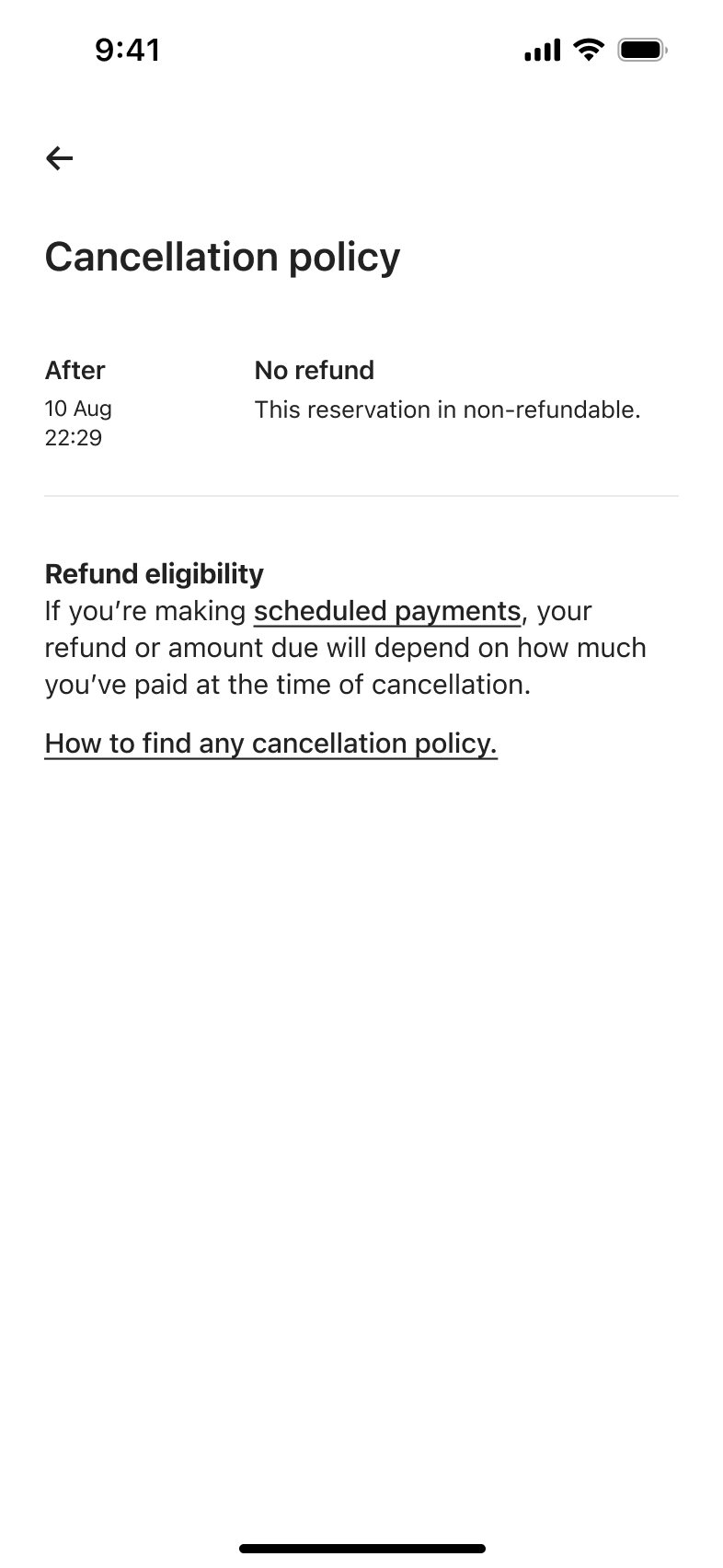 Cancellation policy detail: no refund timeline and refund eligibility.