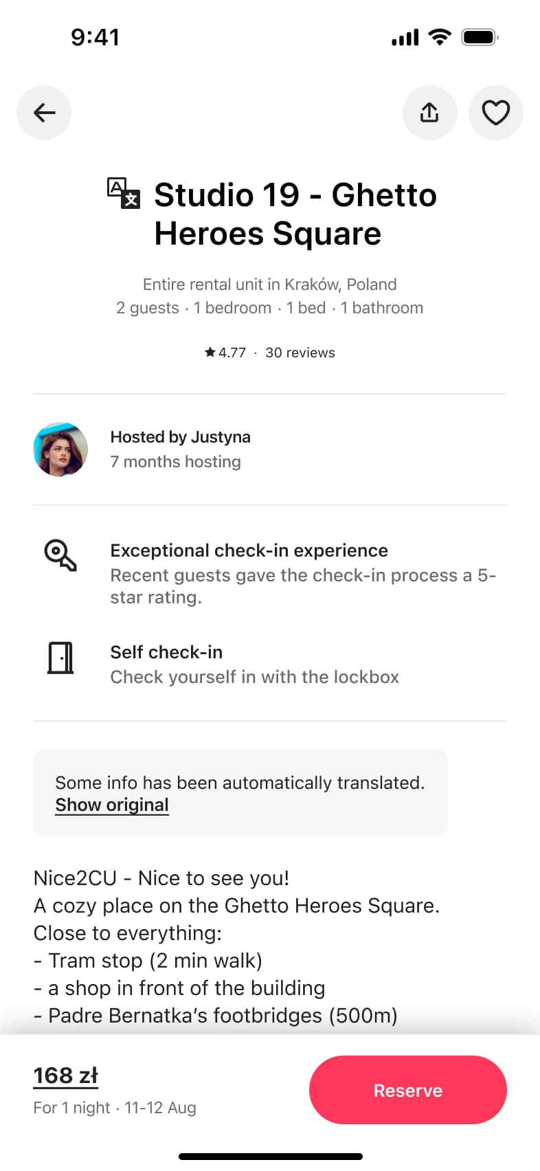 Listing detail scrolled: host, highlights, auto-translated notice and description.