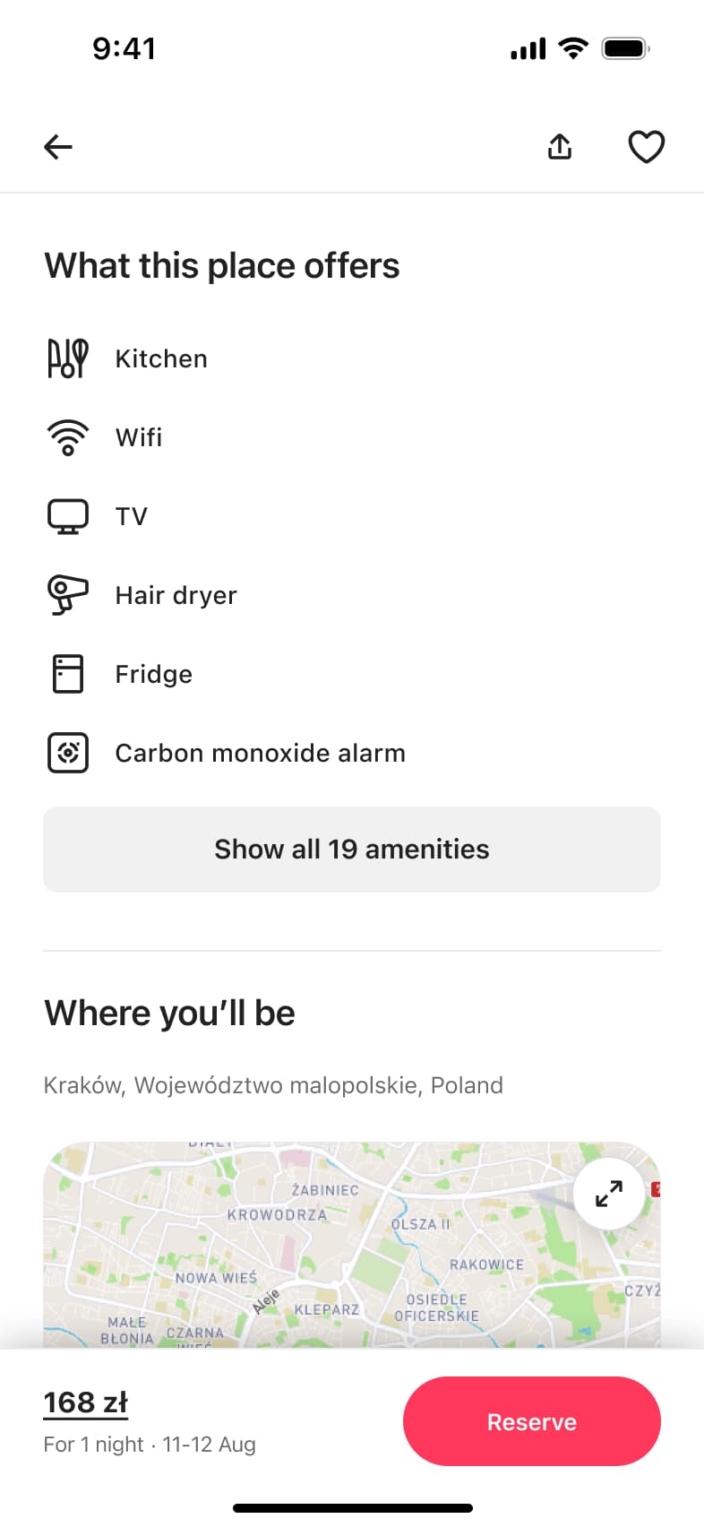 Listing amenities preview with show all button and where you'll be map.
