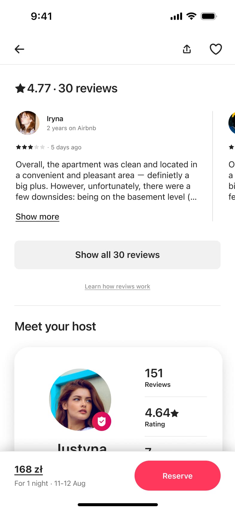 Listing reviews carousel with rating summary, show all reviews button and meet your host card.