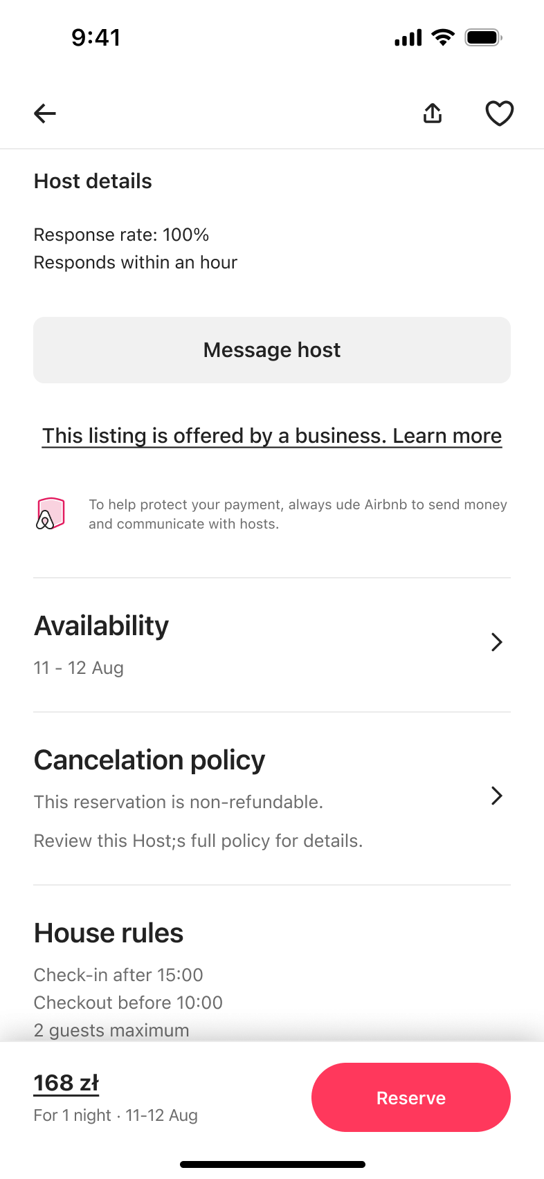Host details with message host button, availability, cancellation policy and house rules rows.