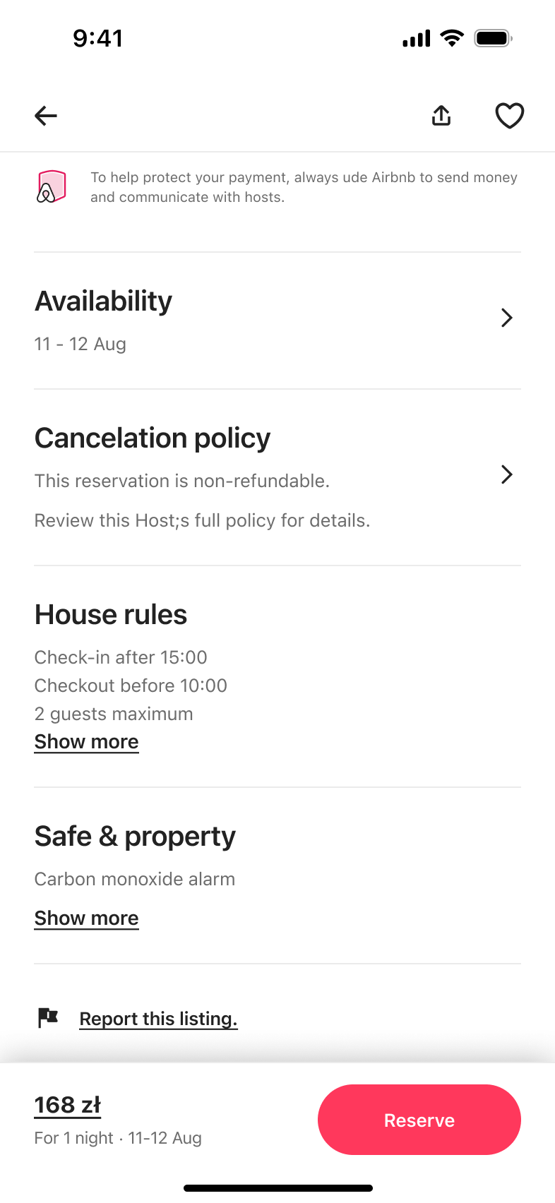Listing detail end: availability, cancellation policy, house rules, safety and report listing link.