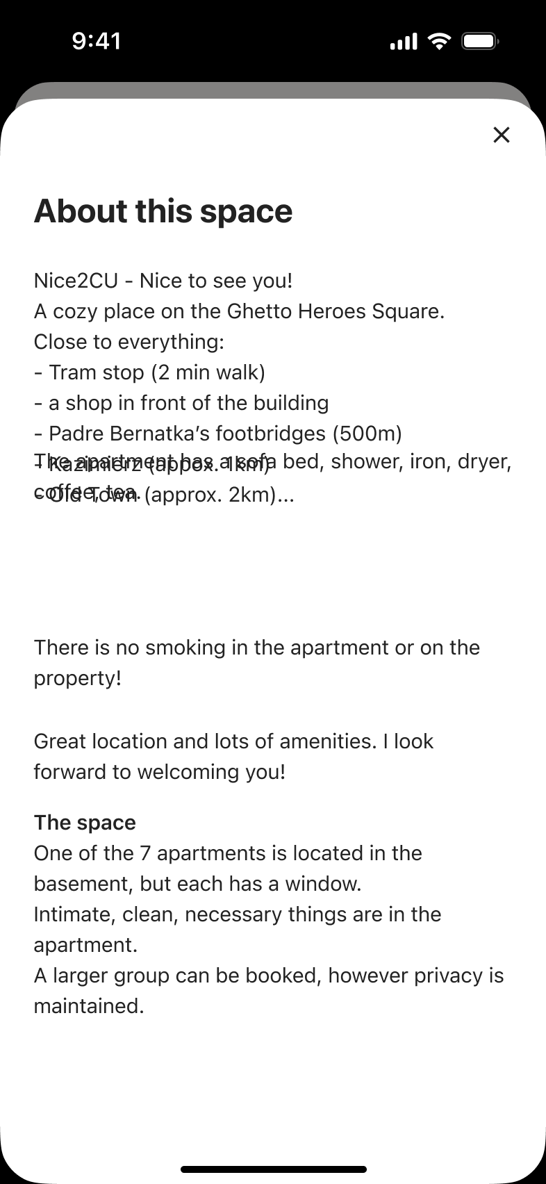 About this space full-screen description of the listing.