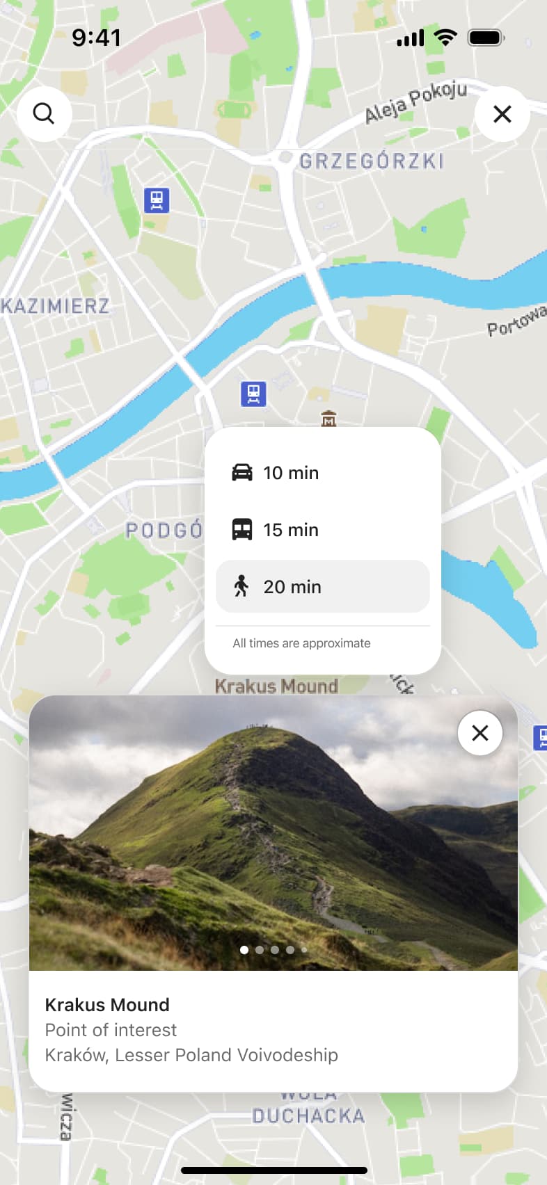 Listing map with travel-time menu for walking, transit and driving times.