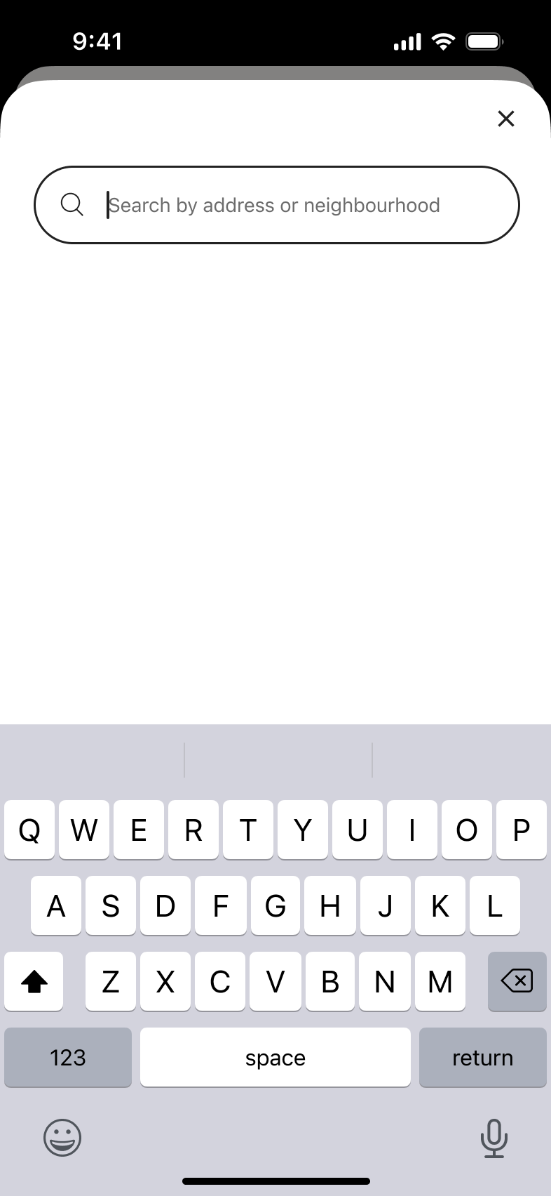 Search nearby places by address or neighbourhood, empty field with keyboard.