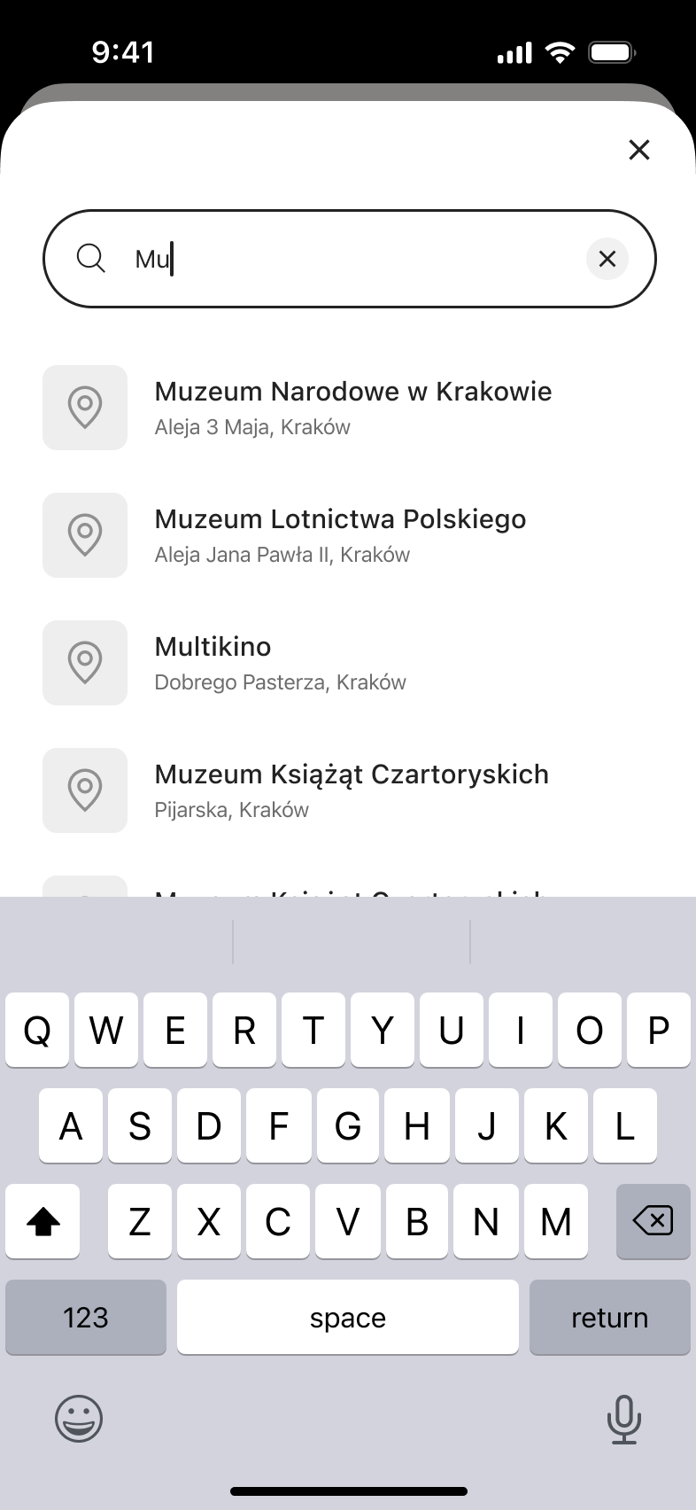 Autocomplete results for a typed place query near the listing.