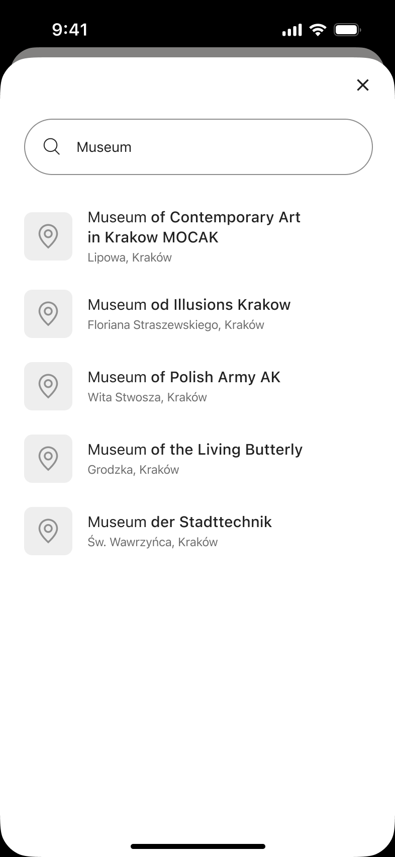 Museum search results near the listing with addresses.