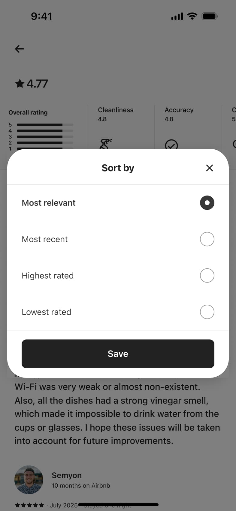 Reviews page with sort-by dialog: most relevant, most recent, highest and lowest rated.