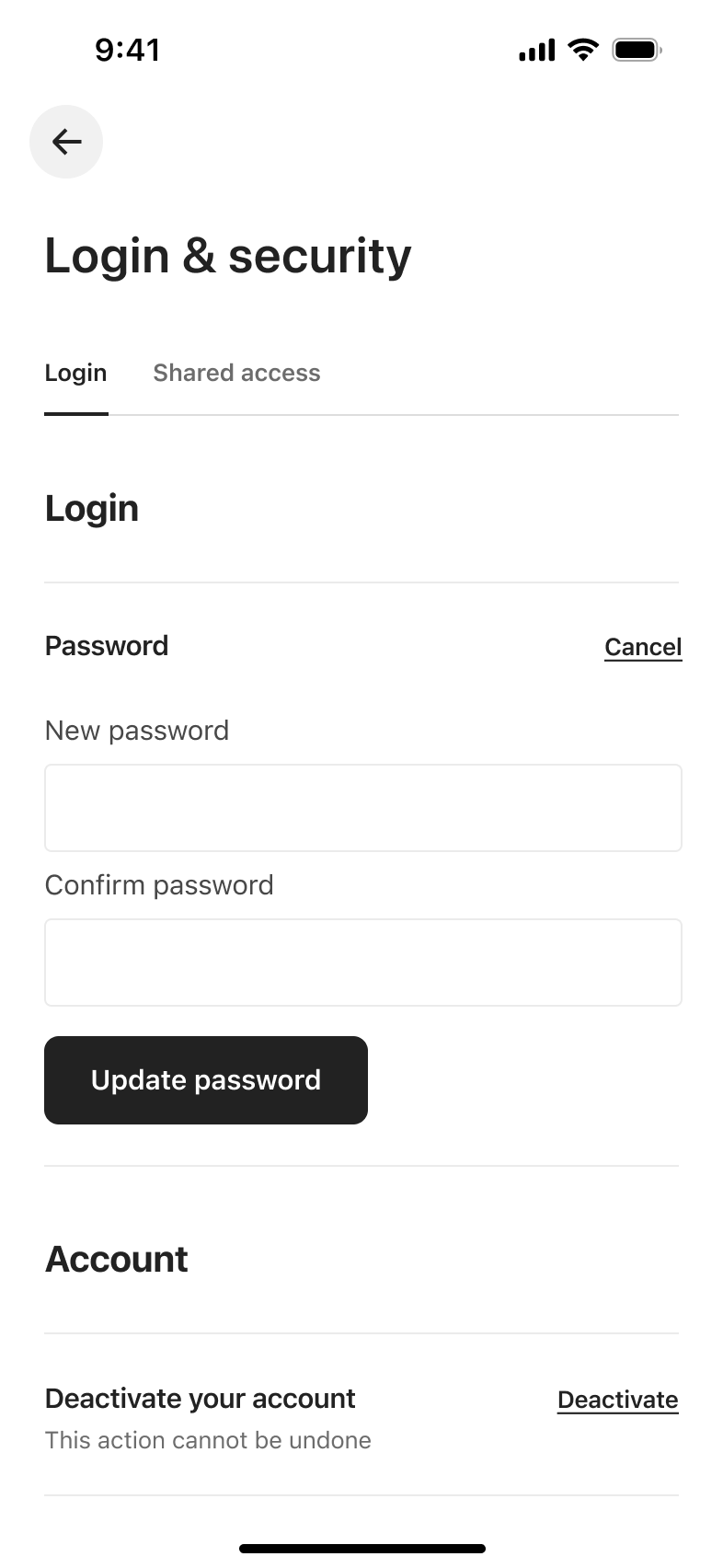 Update password form with new and confirm password fields.
