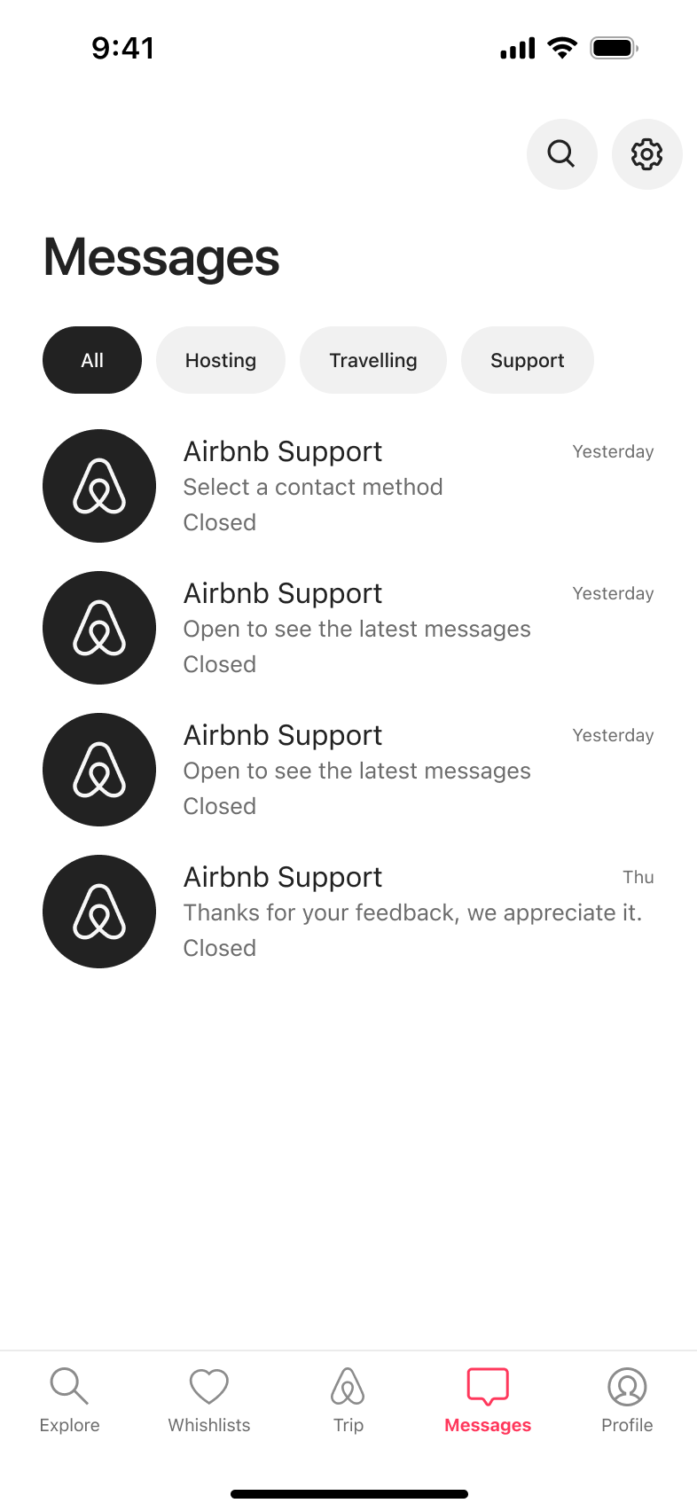 Messages inbox with all, hosting, travelling and support filter chips and conversation rows.