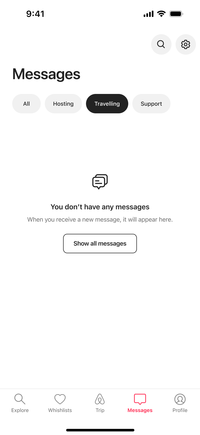 Travelling messages filter with empty state.