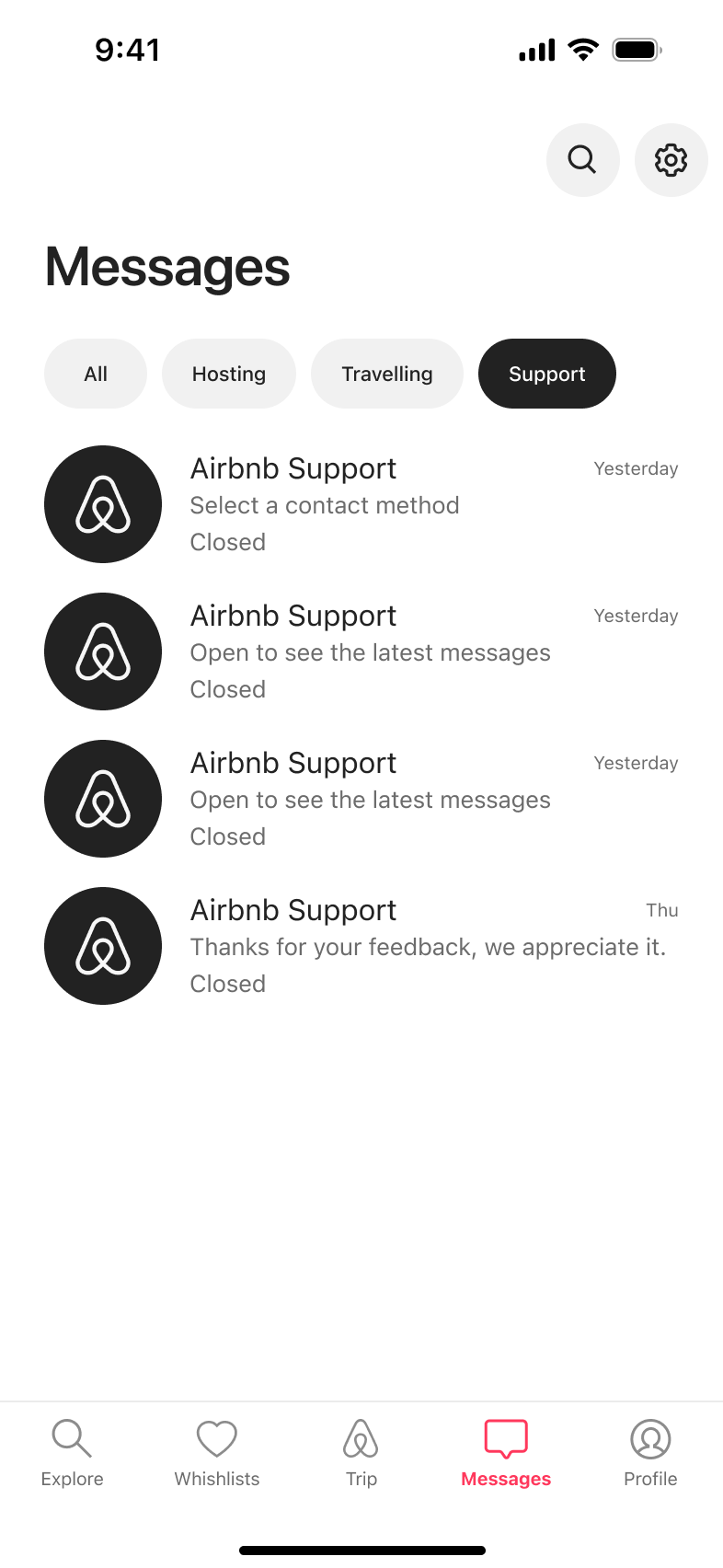 Support messages filter with support conversation rows.