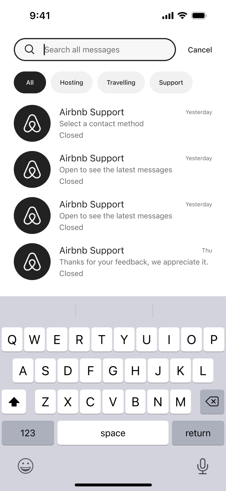 Search all messages with focused search field and filter chips.