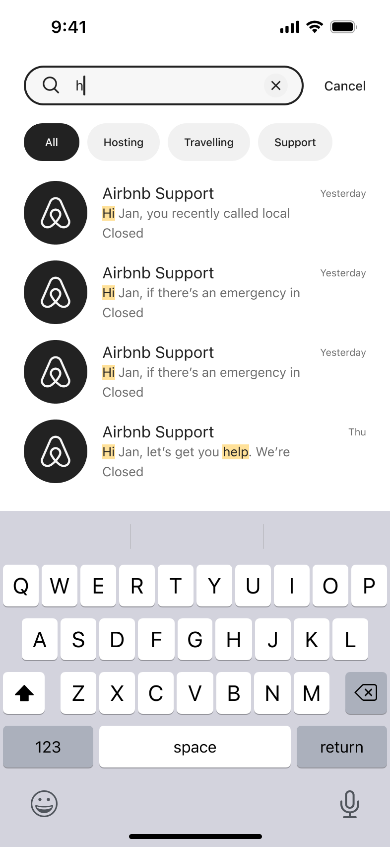 Message search results with matching text highlighted.