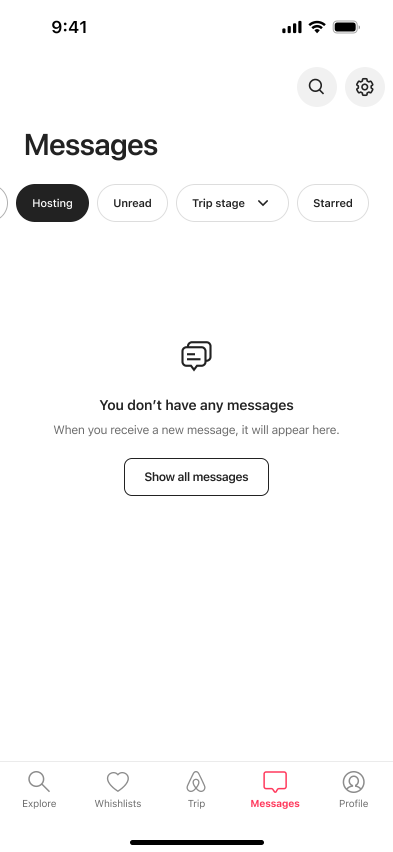 Hosting messages empty state with unread and trip stage filters.