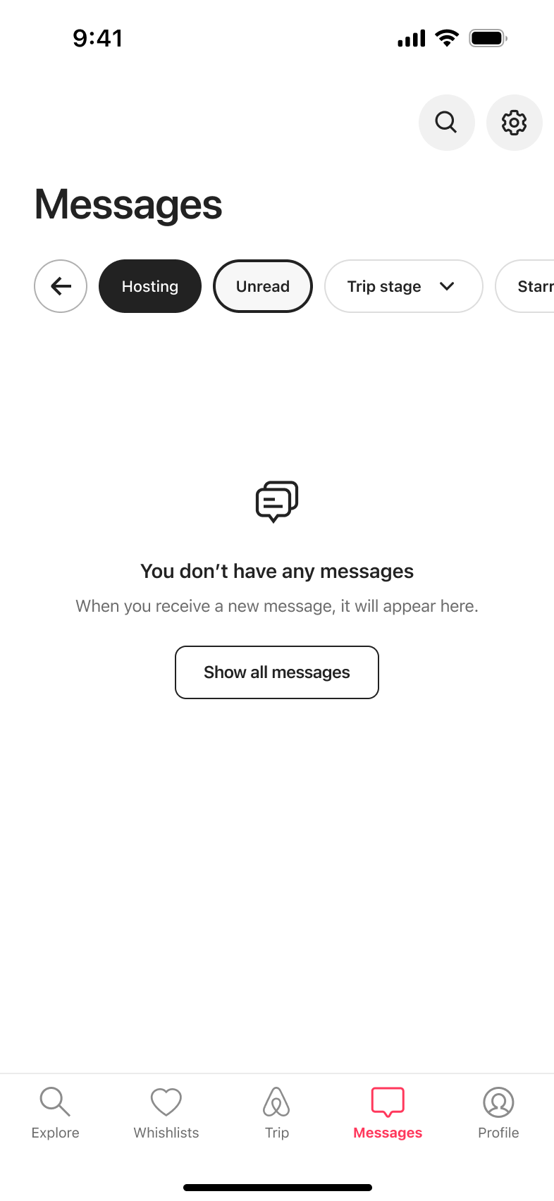 Unread filter selected with empty messages state.