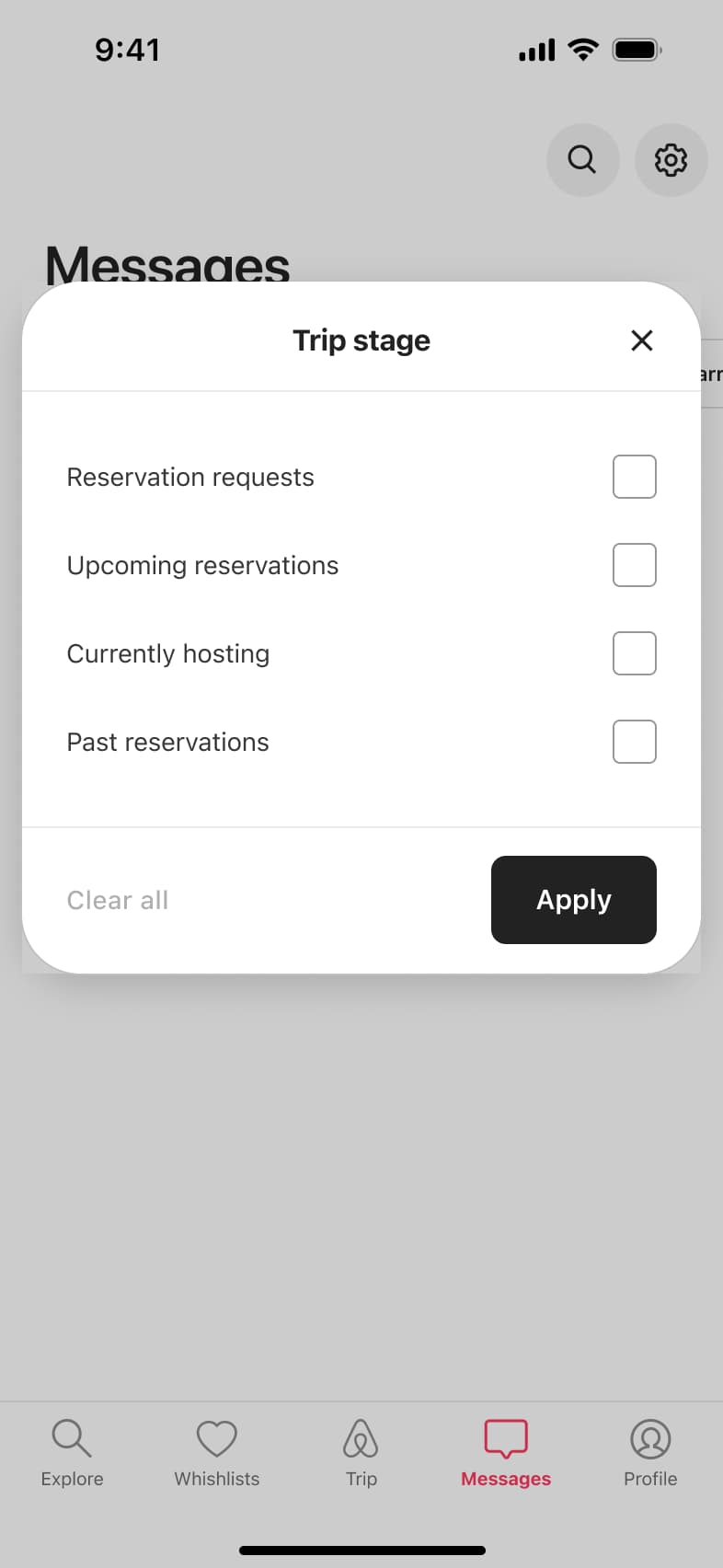 Trip stage filter dialog with reservation stage checkboxes.