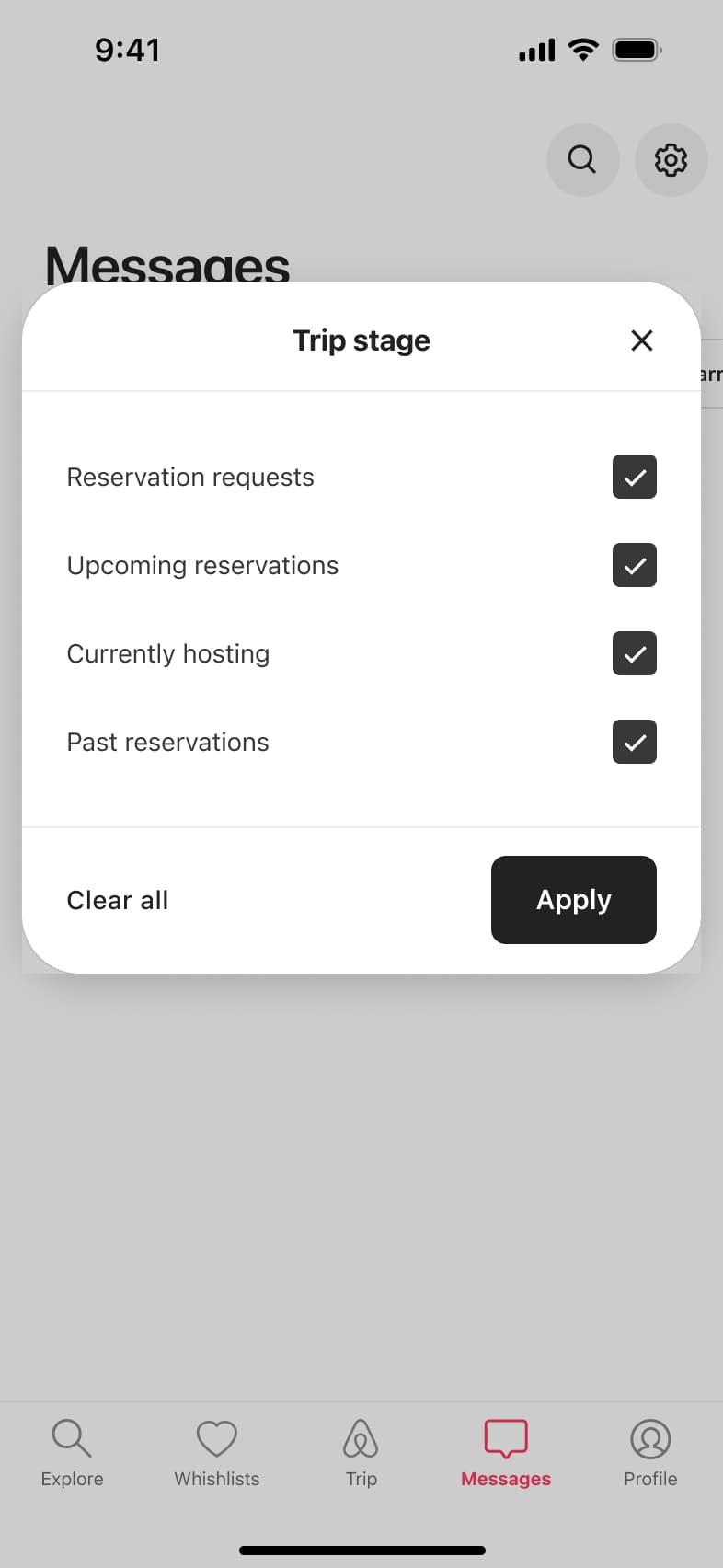 Trip stage filter dialog with all stages ticked.