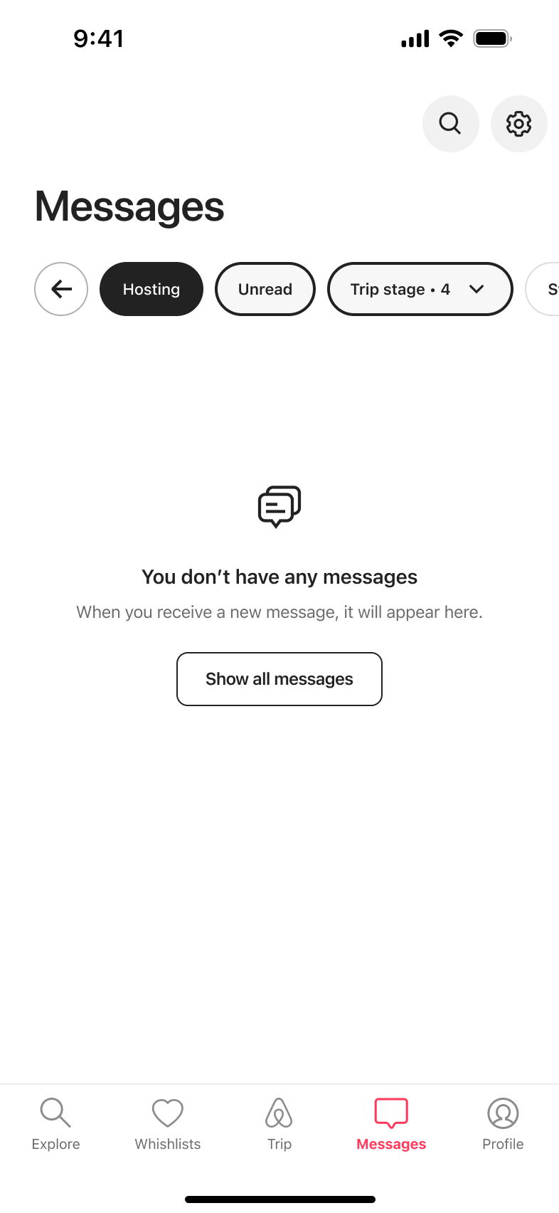 Messages with trip stage filter applied showing no results.
