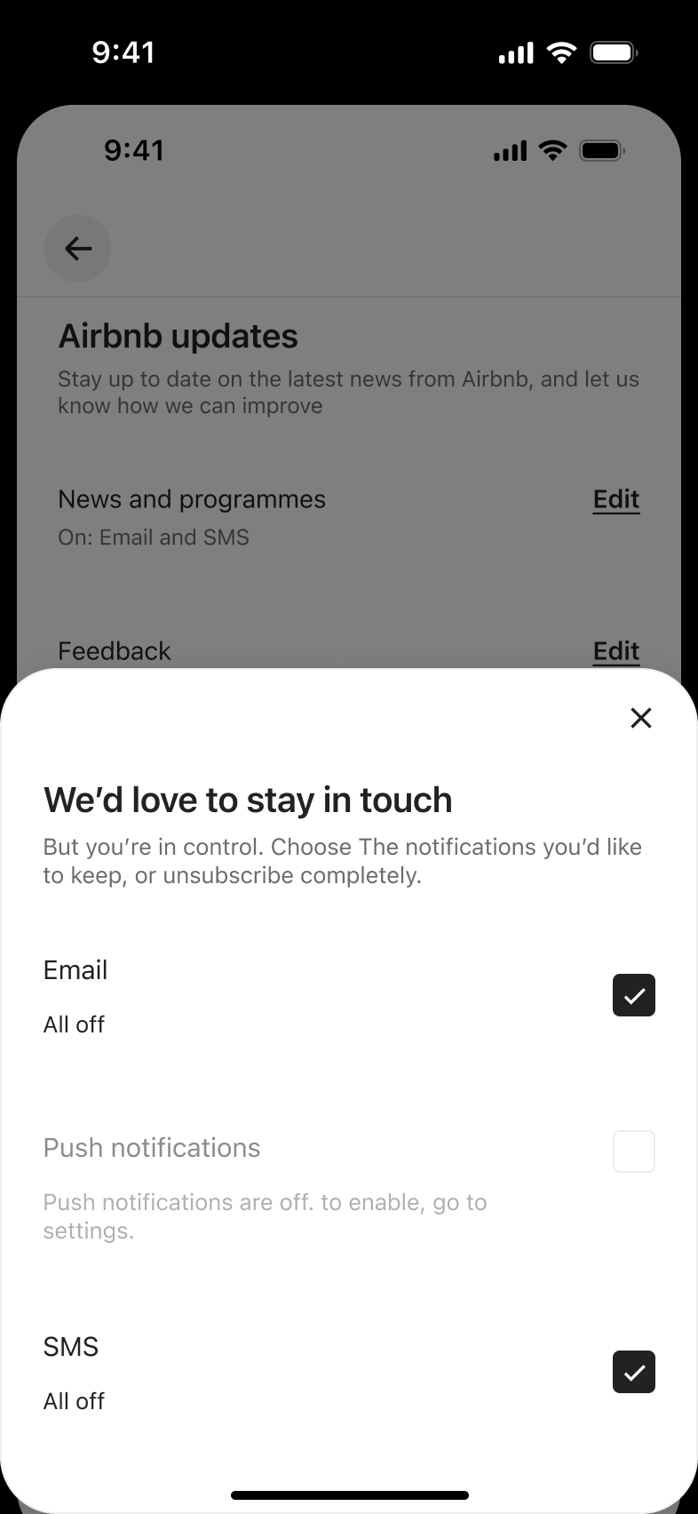 Stay-in-touch sheet with email and SMS checkboxes ticked.