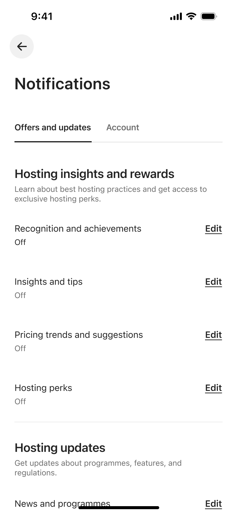 Notification preferences scrolled through hosting insights and hosting updates categories.