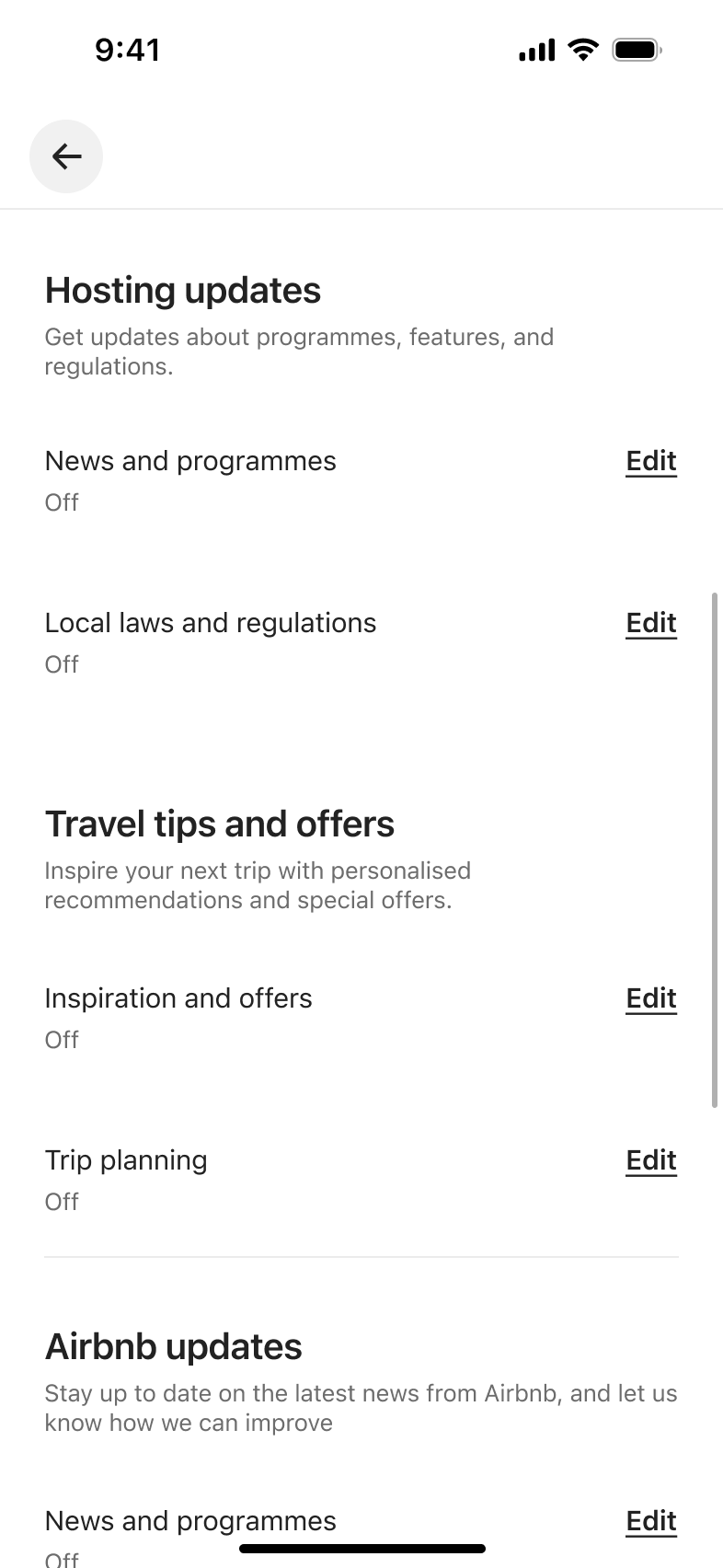 Notification preferences list for hosting updates and travel tips with edit links.